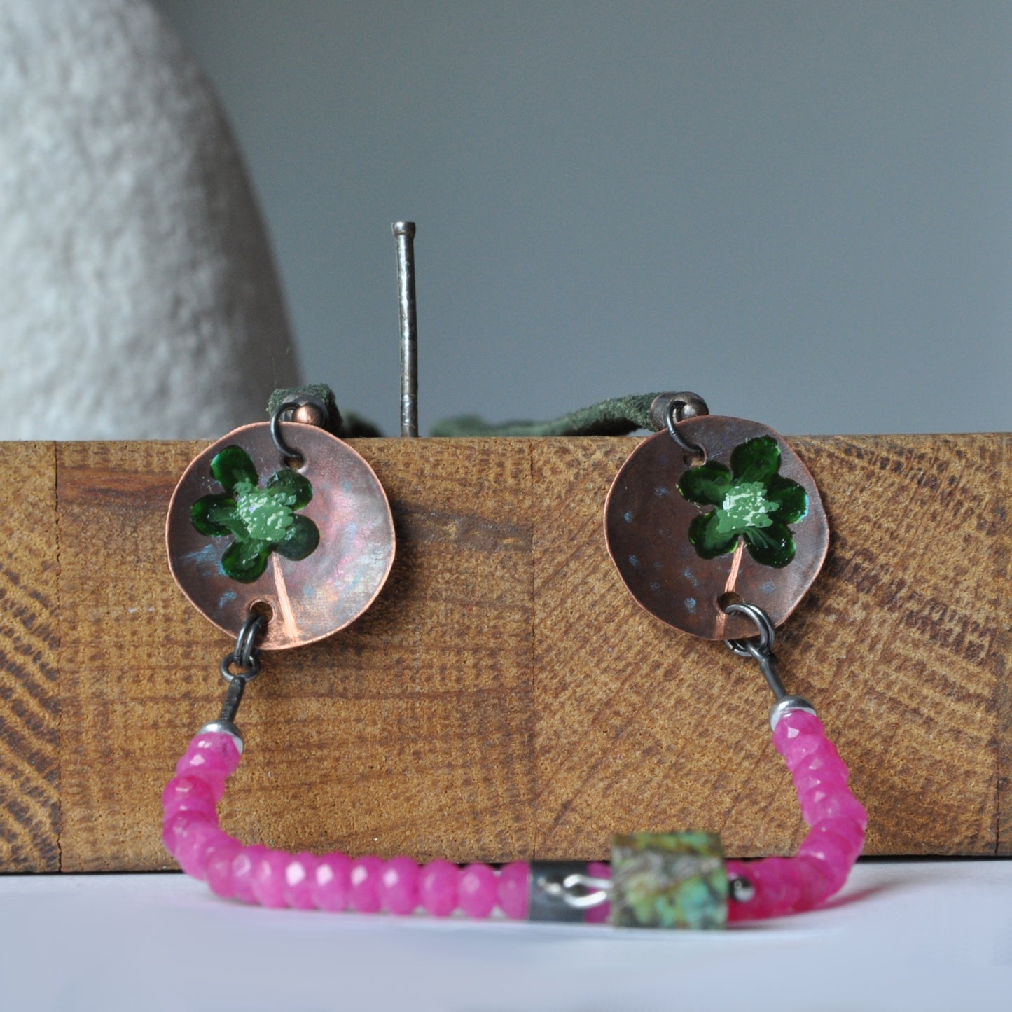 Necklace made of jade and with copper elements and a nugget of natural turquoise 'Green Flowers in the Orchid Garden'