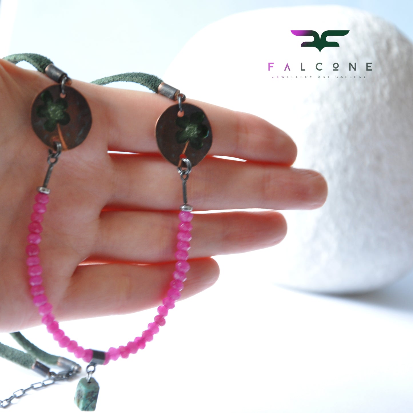 Necklace made of jade and with copper elements and a nugget of natural turquoise 'Green Flowers in the Orchid Garden'