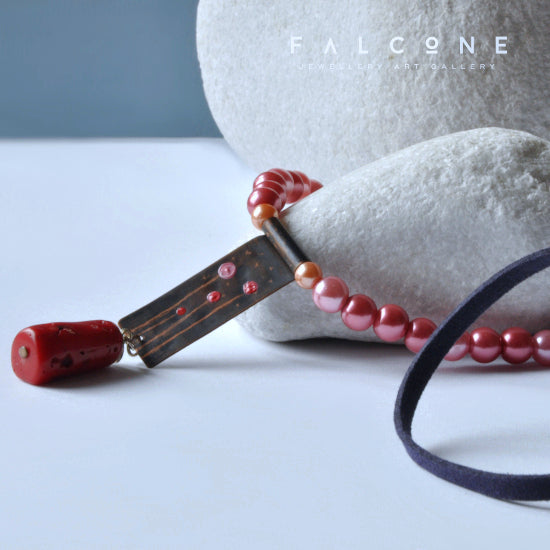 Long necklace with engraved copper pendant, glass pearls & coral 'Field Flowers'