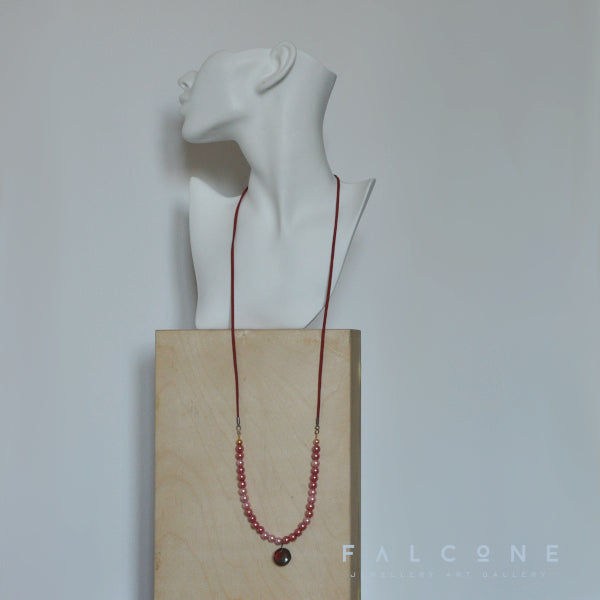 Long necklace of glass pearls with enameled brass pendant 'Coral'