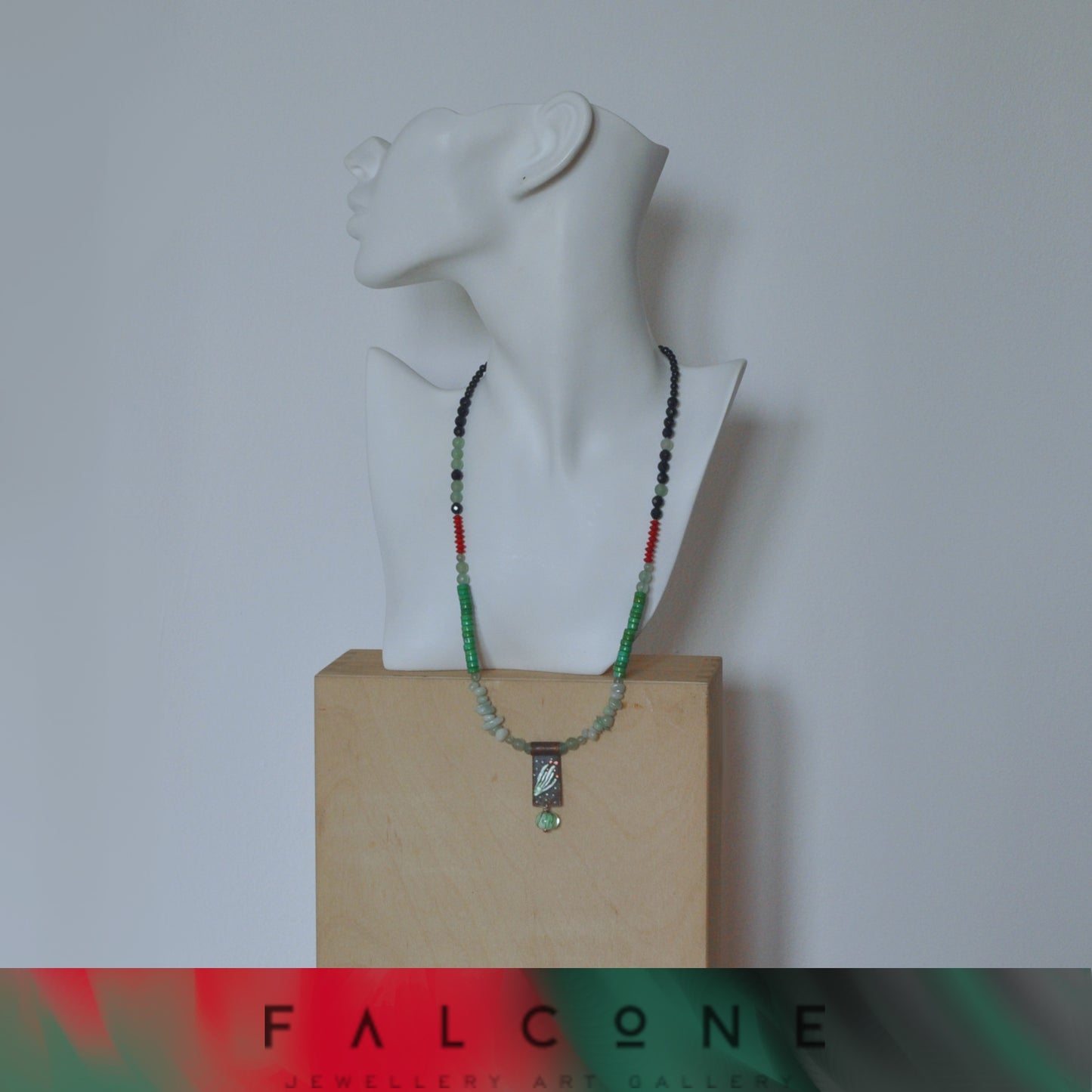 Necklace with a brass pendant, patinated and enameled & with gemstones 'Coral in a Celadon Setting'
