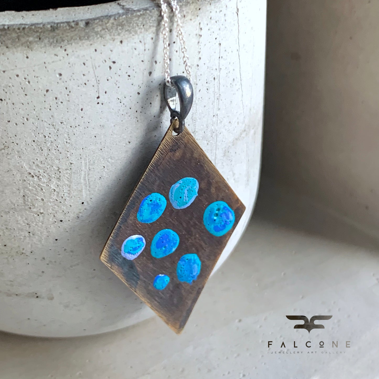Brass and Silver Geometric Necklace 'Blue Dots'