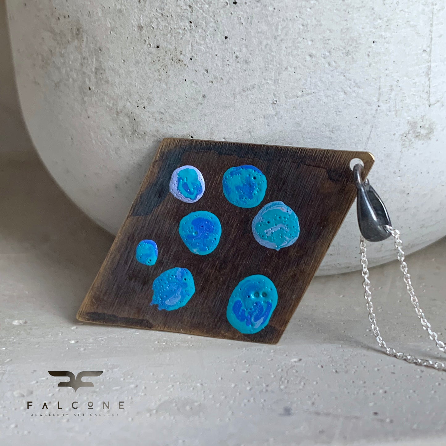Brass and Silver Geometric Necklace 'Blue Dots'