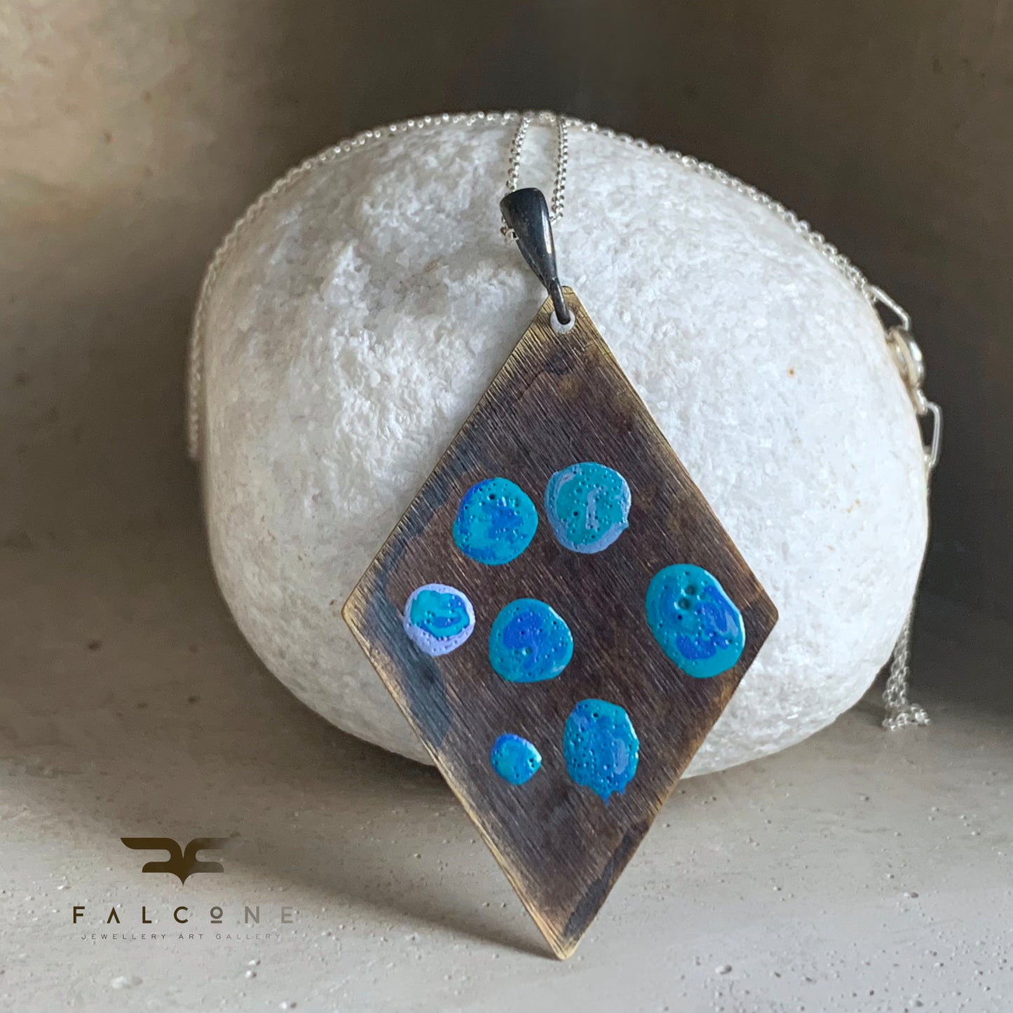 Brass and Silver Geometric Necklace 'Blue Dots'