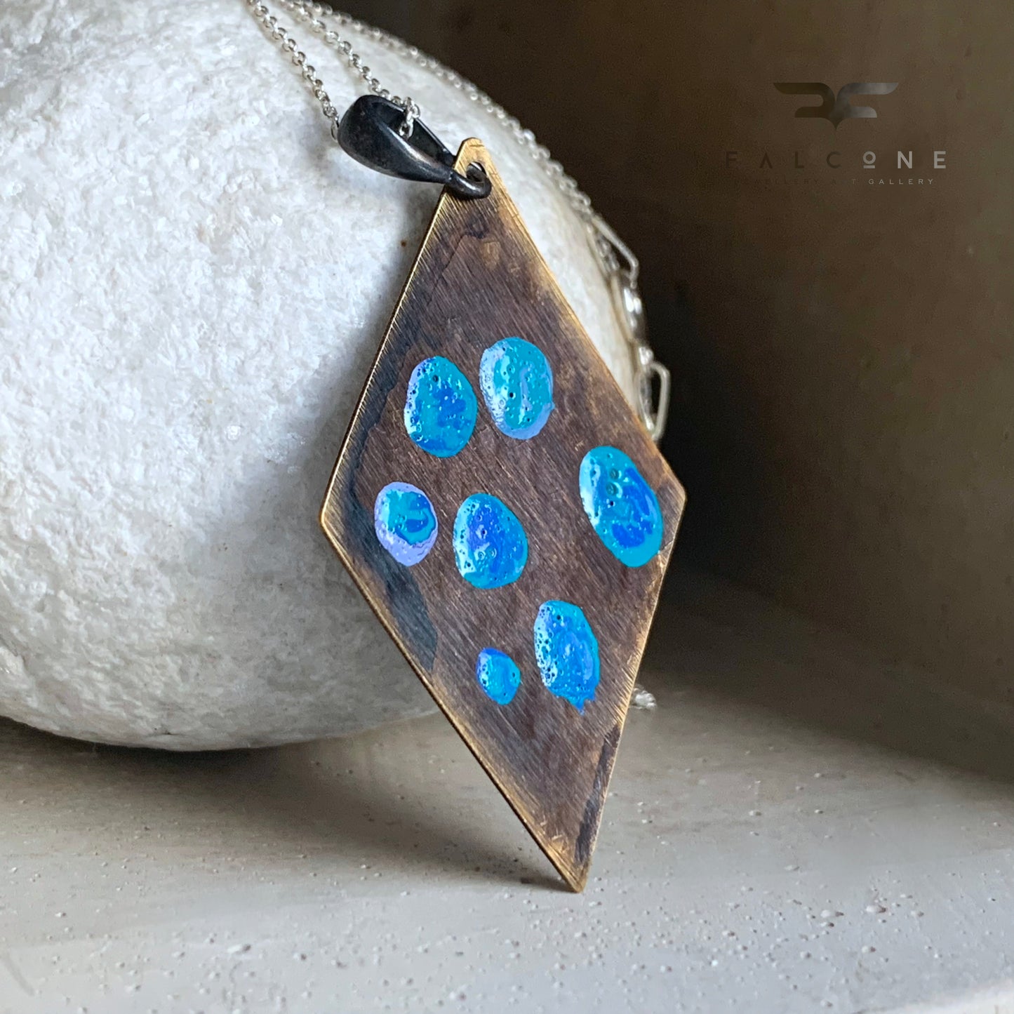 Brass and Silver Geometric Necklace 'Blue Dots'