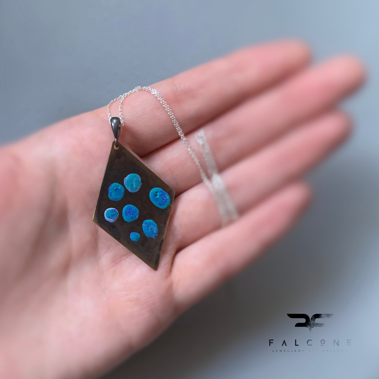 Brass and Silver Geometric Necklace 'Blue Dots'