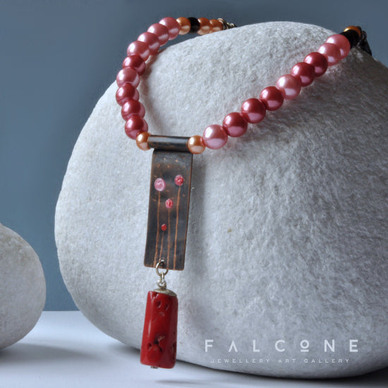 Long necklace with engraved copper pendant, glass pearls & coral 'Field Flowers'