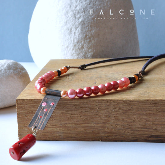 Long necklace with engraved copper pendant, glass pearls & coral 'Field Flowers'