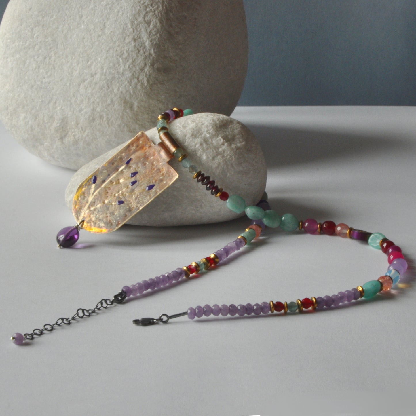 Necklace with engraved and enameled brass pendant and gemstones 'Secret Garden'
