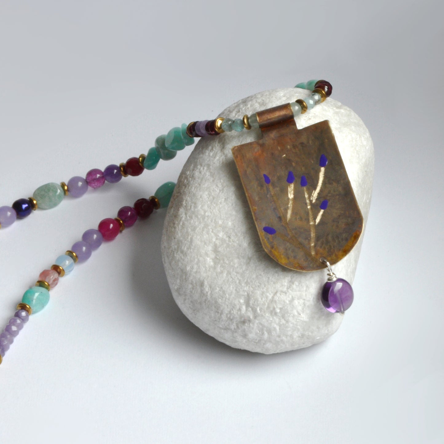 Necklace with engraved and enameled brass pendant and gemstones 'Secret Garden'