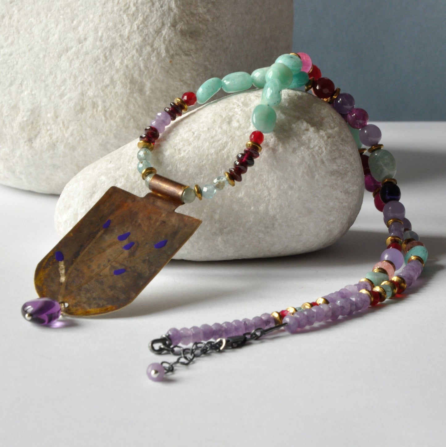 Necklace with engraved and enameled brass pendant and gemstones 'Secret Garden'