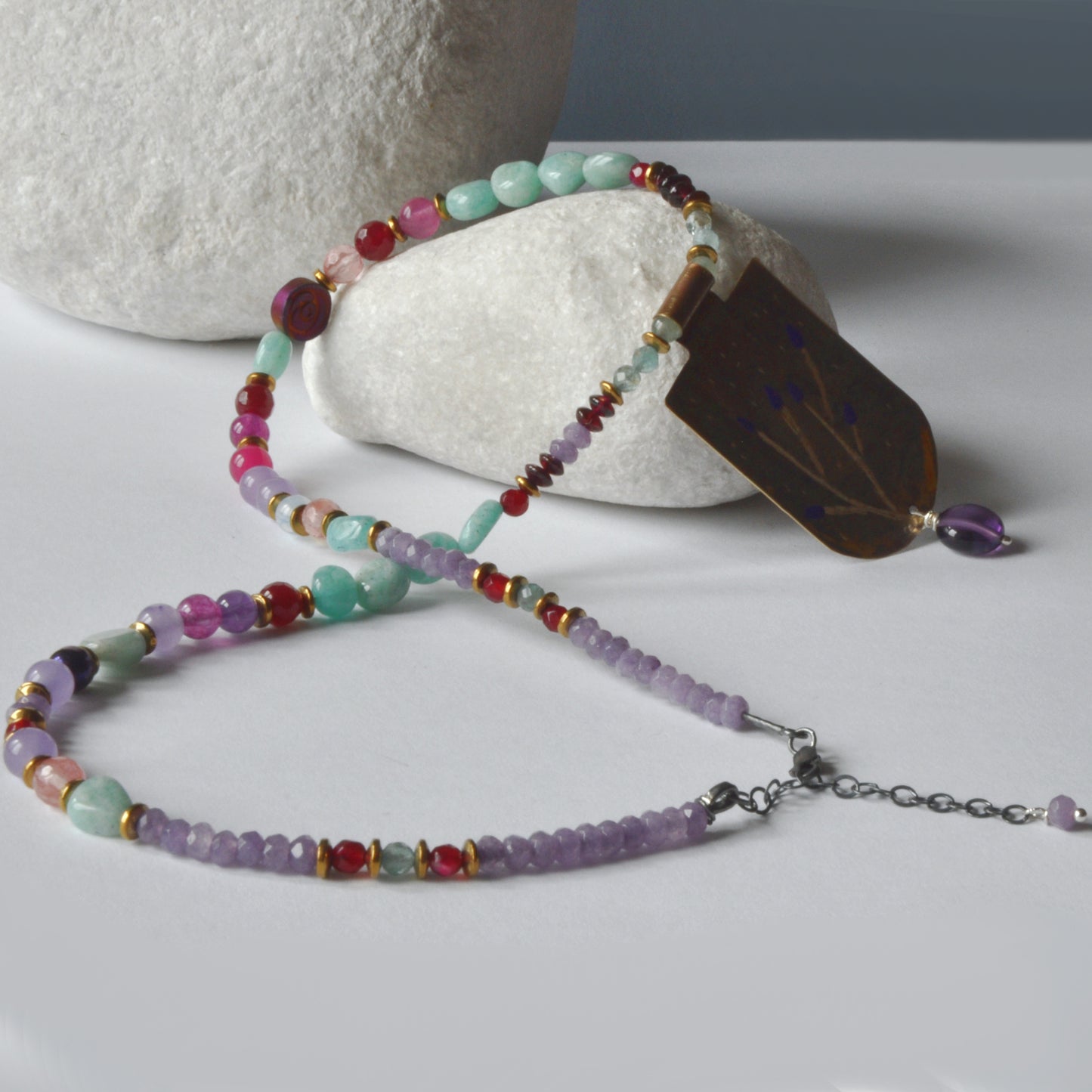 Necklace with engraved and enameled brass pendant and gemstones 'Secret Garden'