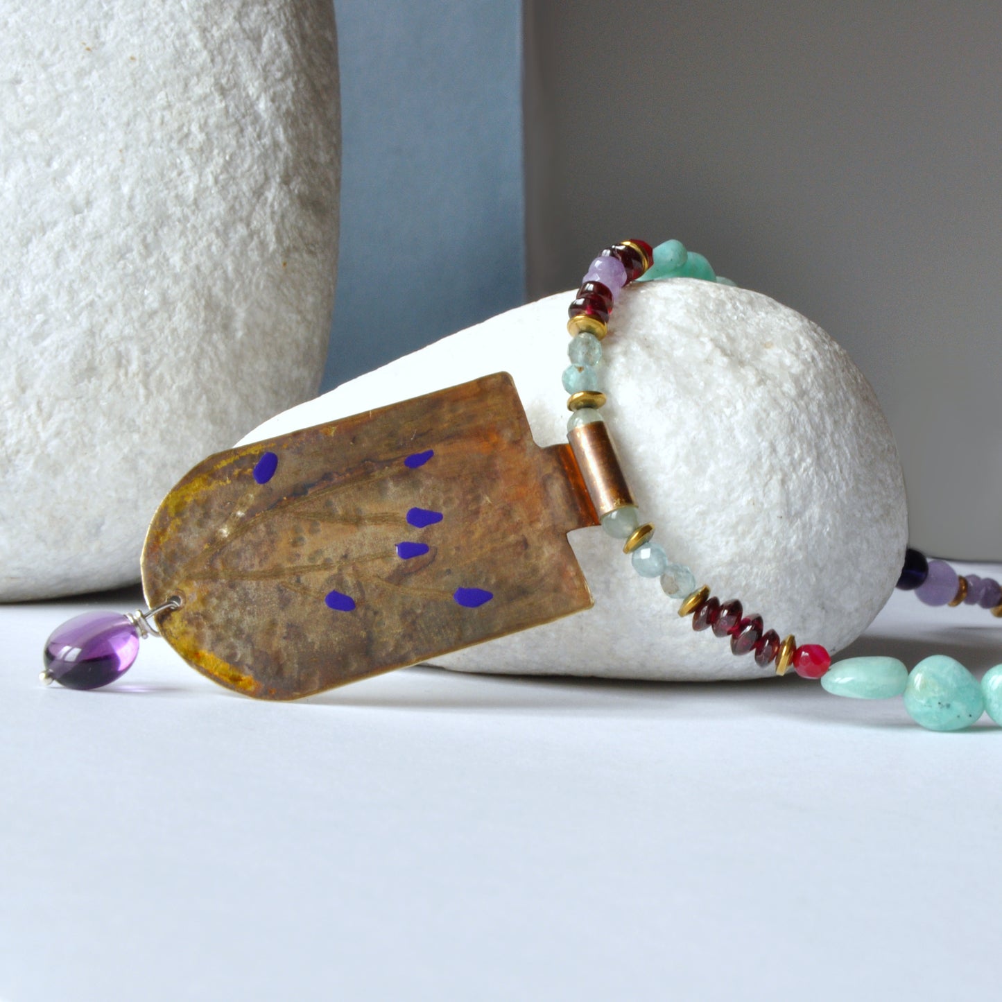 Necklace with engraved and enameled brass pendant and gemstones 'Secret Garden'