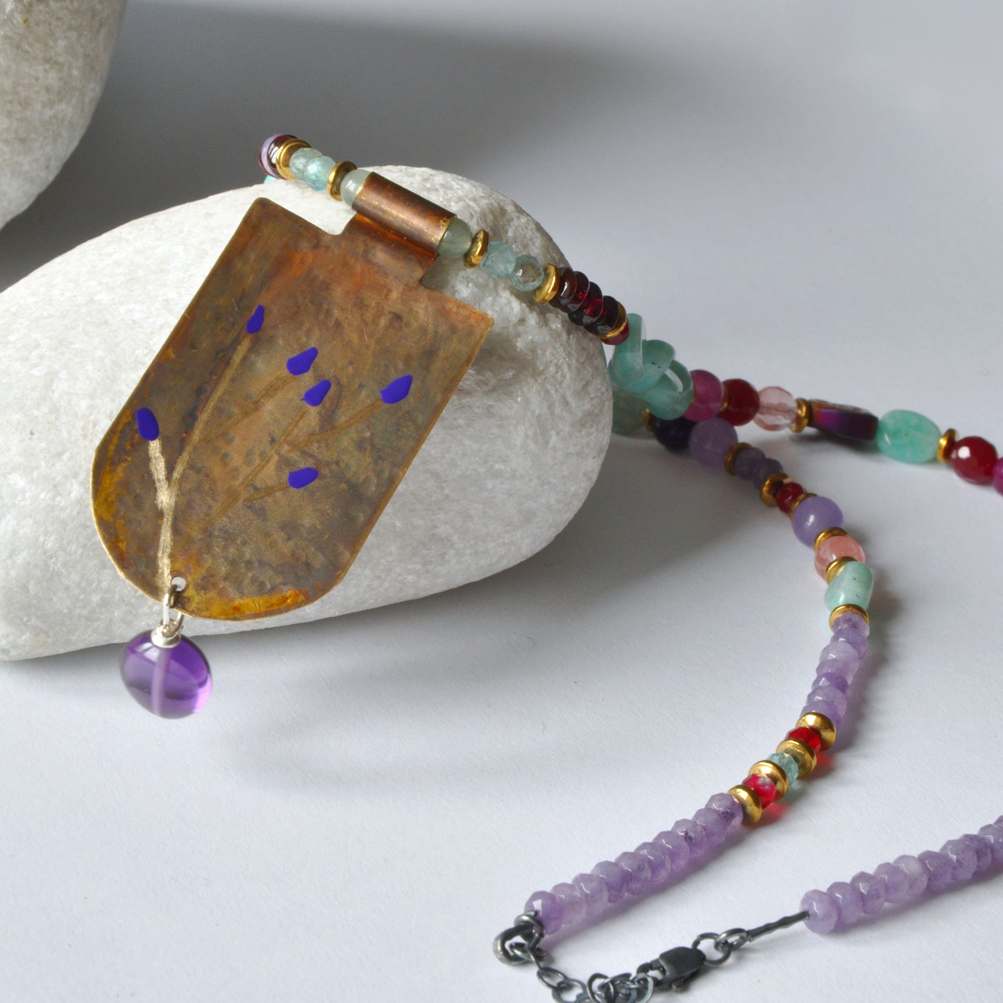 Necklace with engraved and enameled brass pendant and gemstones 'Secret Garden'