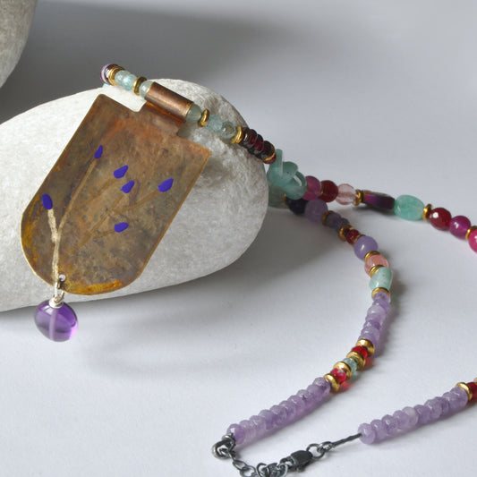 Necklace with engraved and enameled brass pendant and gemstones 'Secret Garden'