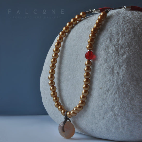 Handcrafted glass bead necklace with agate 'With Accent of Red'
