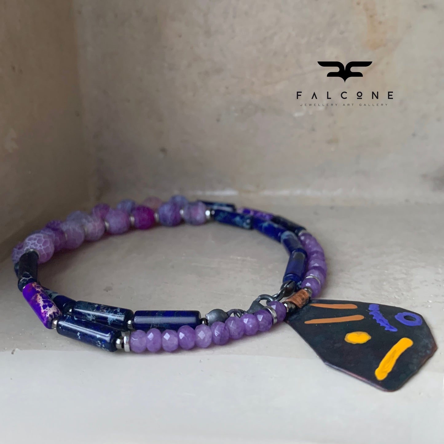 Necklace with gemstones and copper pendant 'Life on the Reef - Purple, Garnet and Ochre'