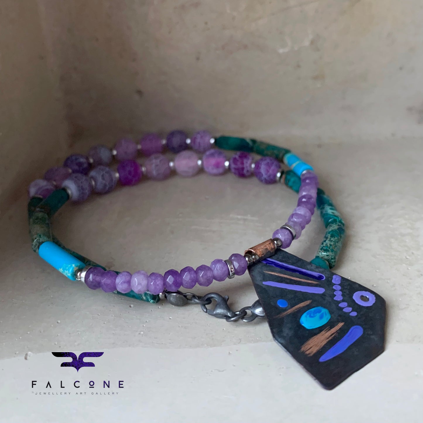 Necklace with dragon agate, imperial jasper, jade and copper pendant 'Life on the Reef - Turquoise and Purple'