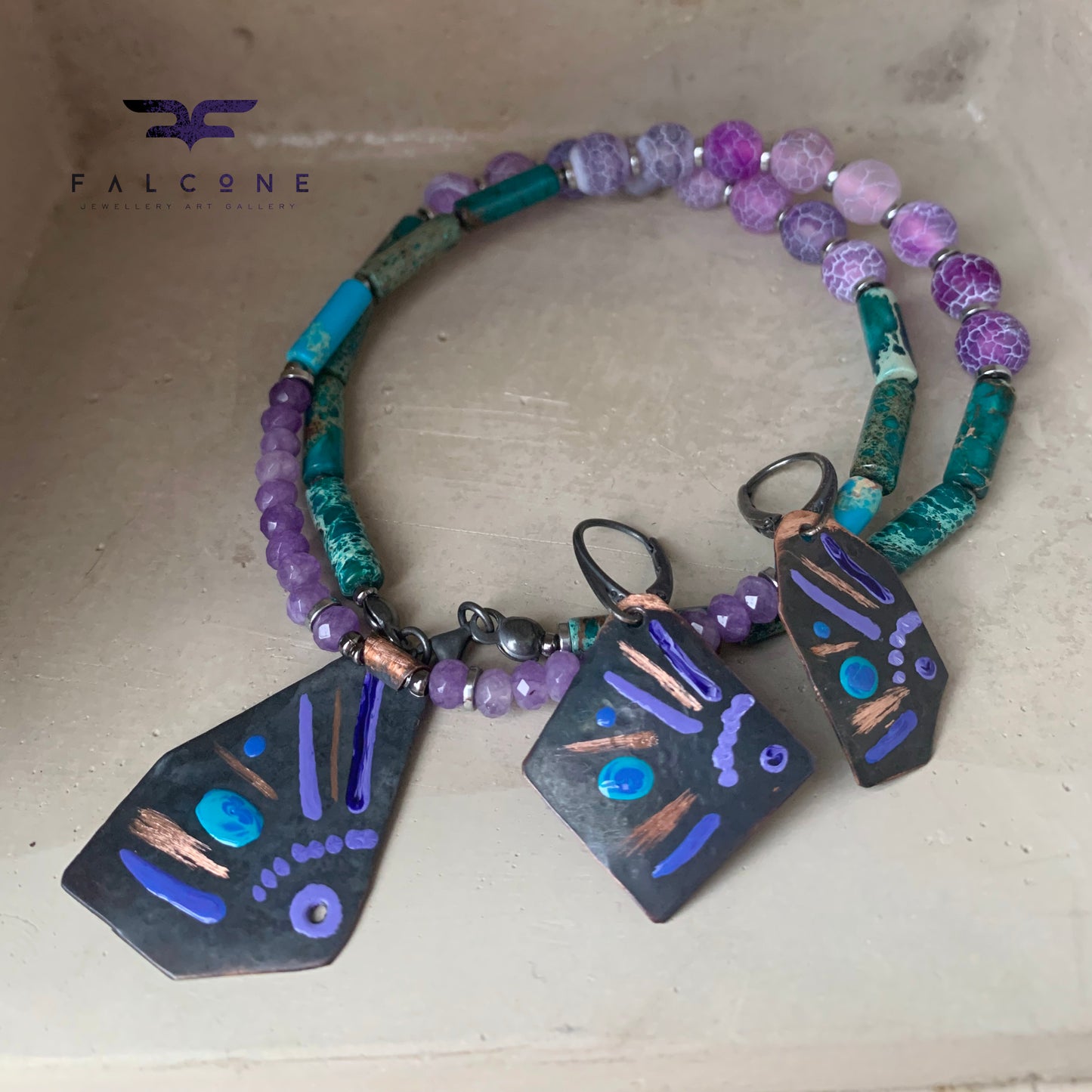 Necklace with dragon agate, imperial jasper, jade and copper pendant 'Life on the Reef - Turquoise and Purple'