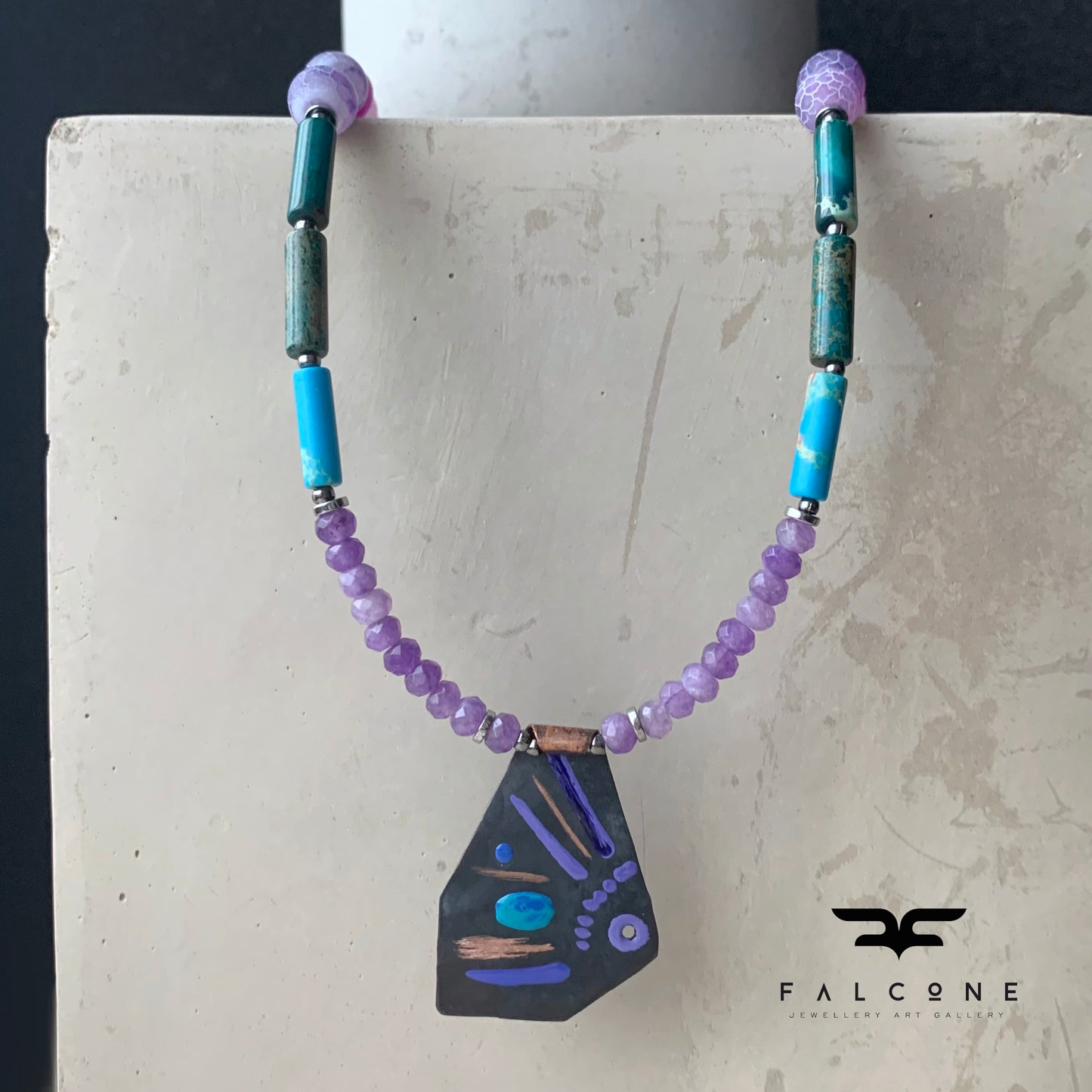 Necklace with dragon agate, imperial jasper, jade and copper pendant 'Life on the Reef - Turquoise and Purple'