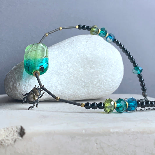 Brass, Glass, Gemstone and Silver Necklace 'Scarab & Venetian Glass'