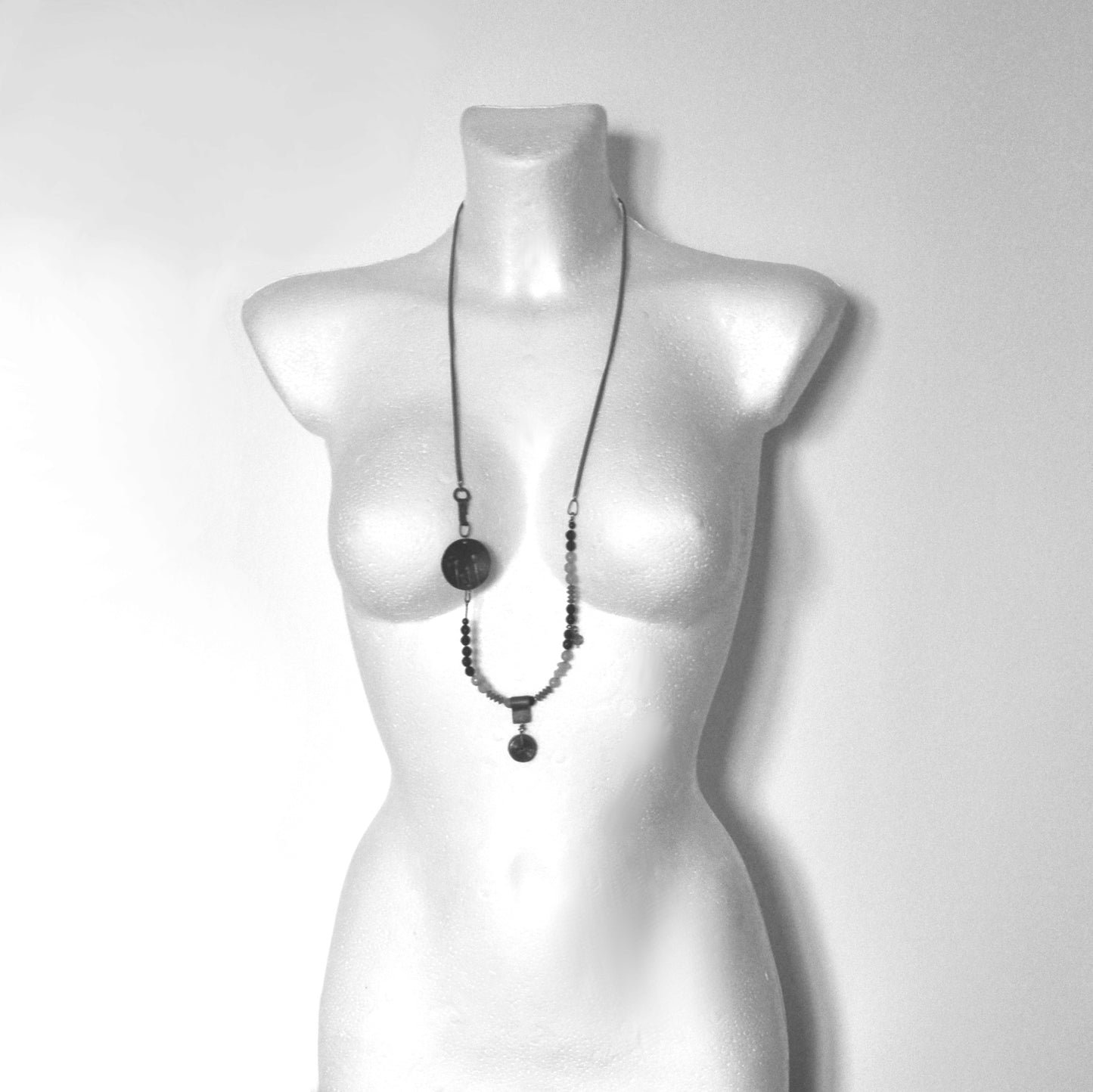 Long avant-garde necklace, made of silver, copper and brass and with gemstones 'A Patch of Meadow'