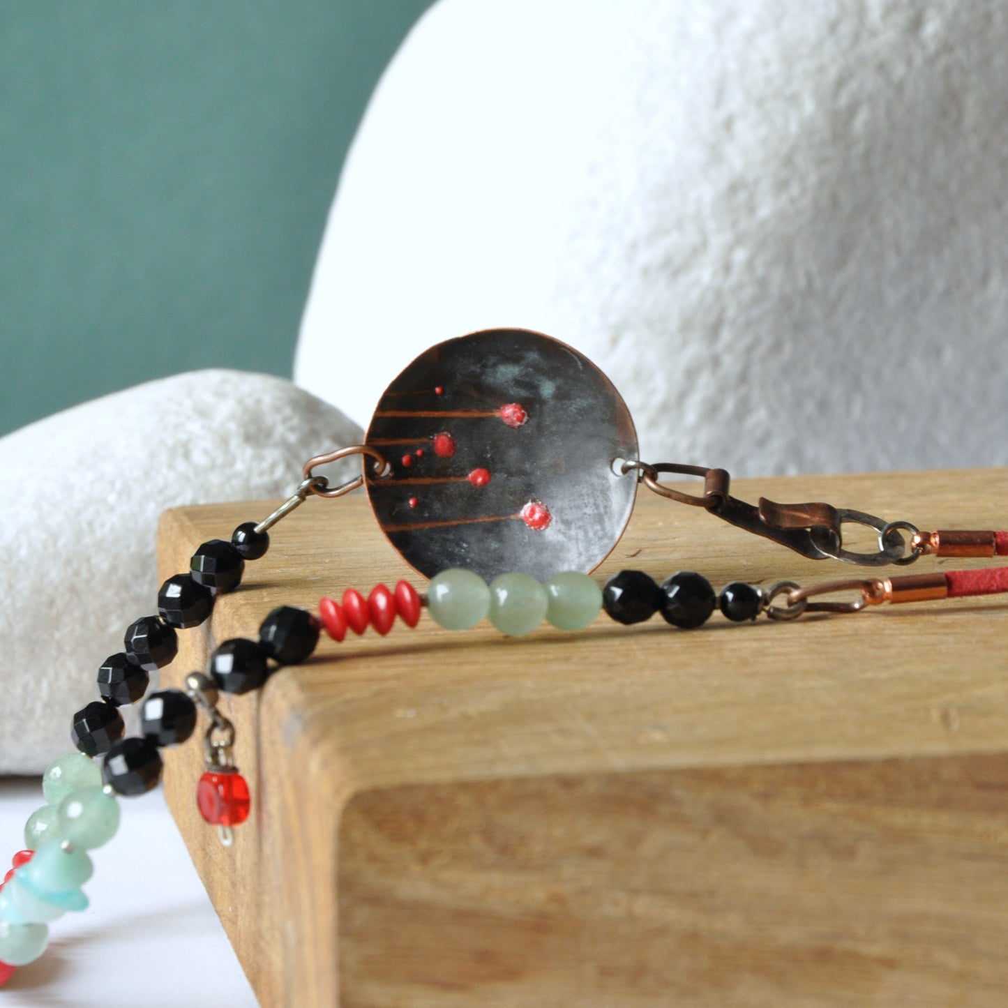 Long avant-garde necklace, made of silver, copper and brass and with gemstones 'A Patch of Meadow'