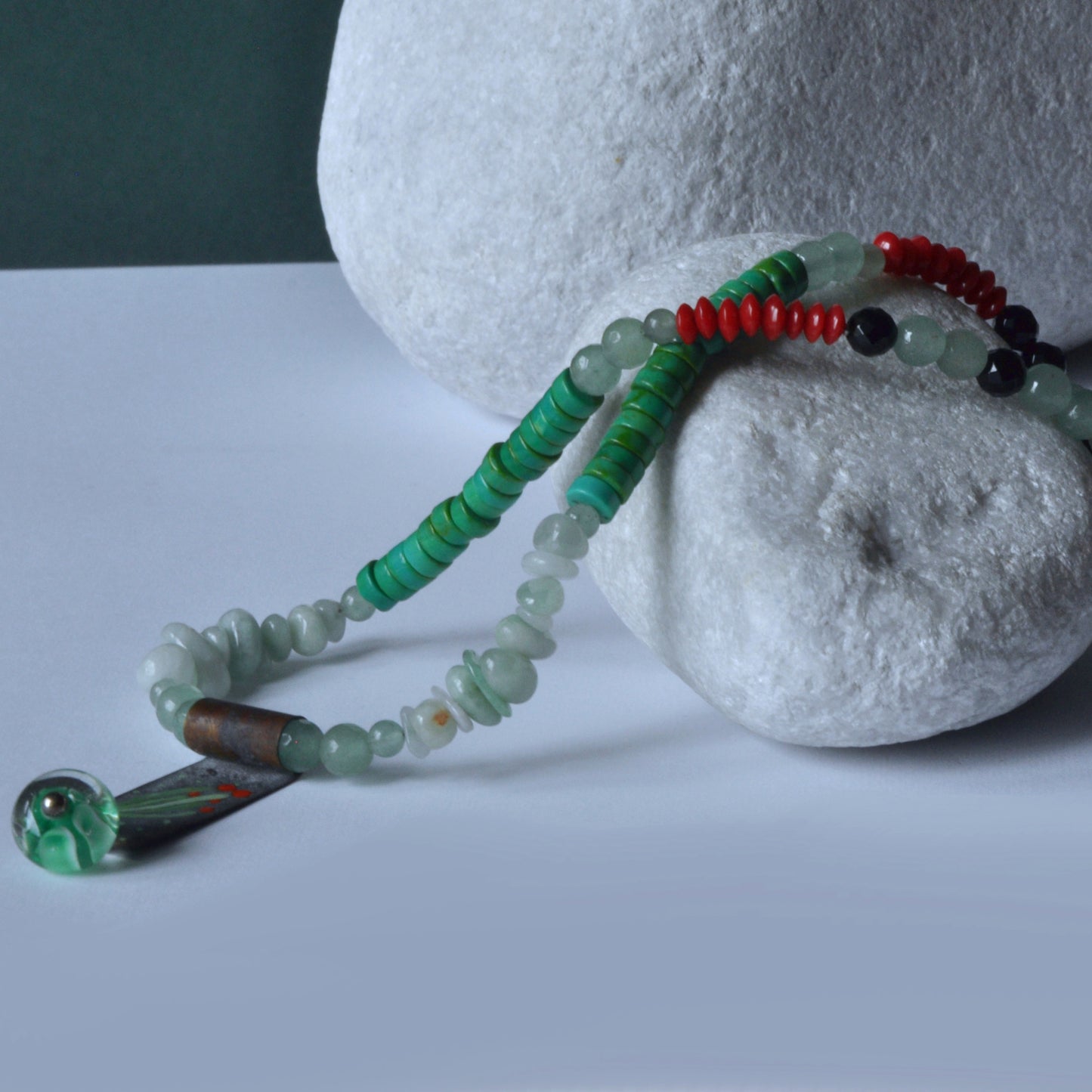 Necklace with a brass pendant, patinated and enameled & with gemstones 'Coral in a Celadon Setting'