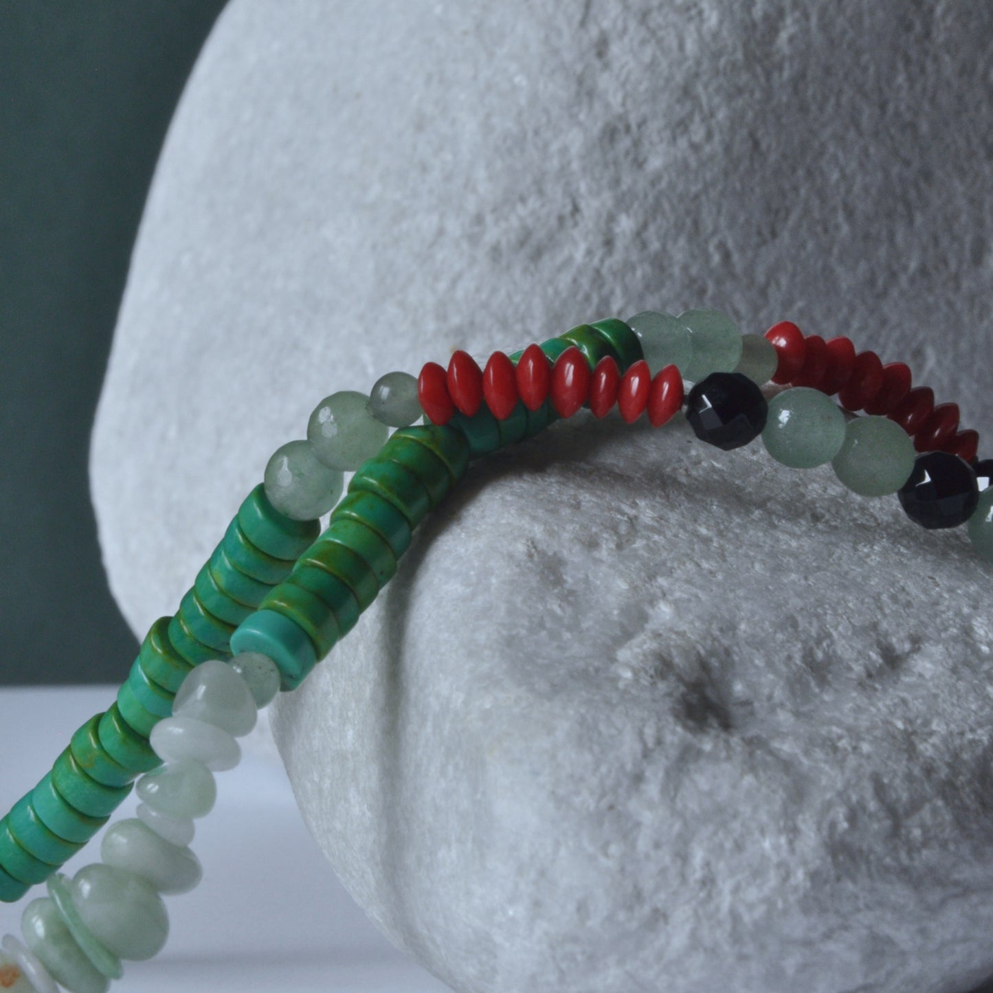 Necklace with a brass pendant, patinated and enameled & with gemstones 'Coral in a Celadon Setting'