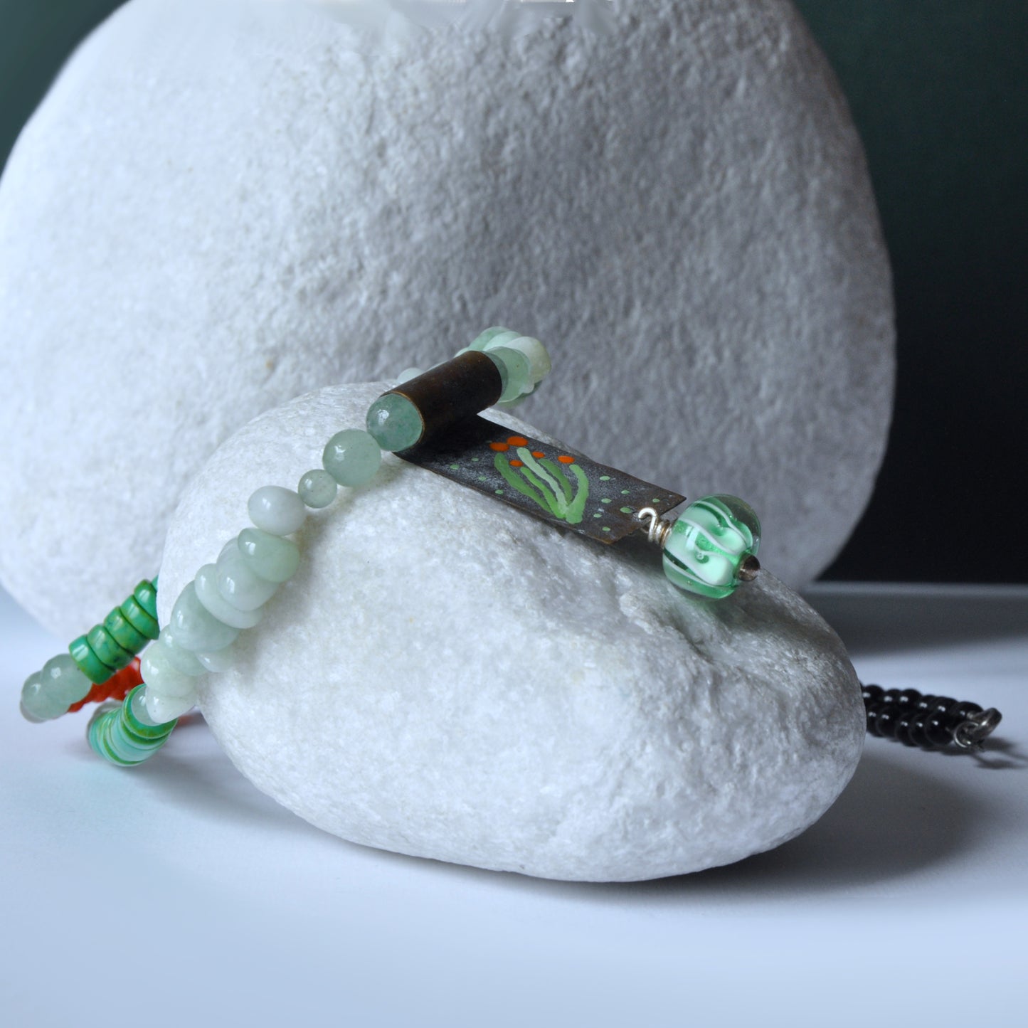 Necklace with a brass pendant, patinated and enameled & with gemstones 'Coral in a Celadon Setting'