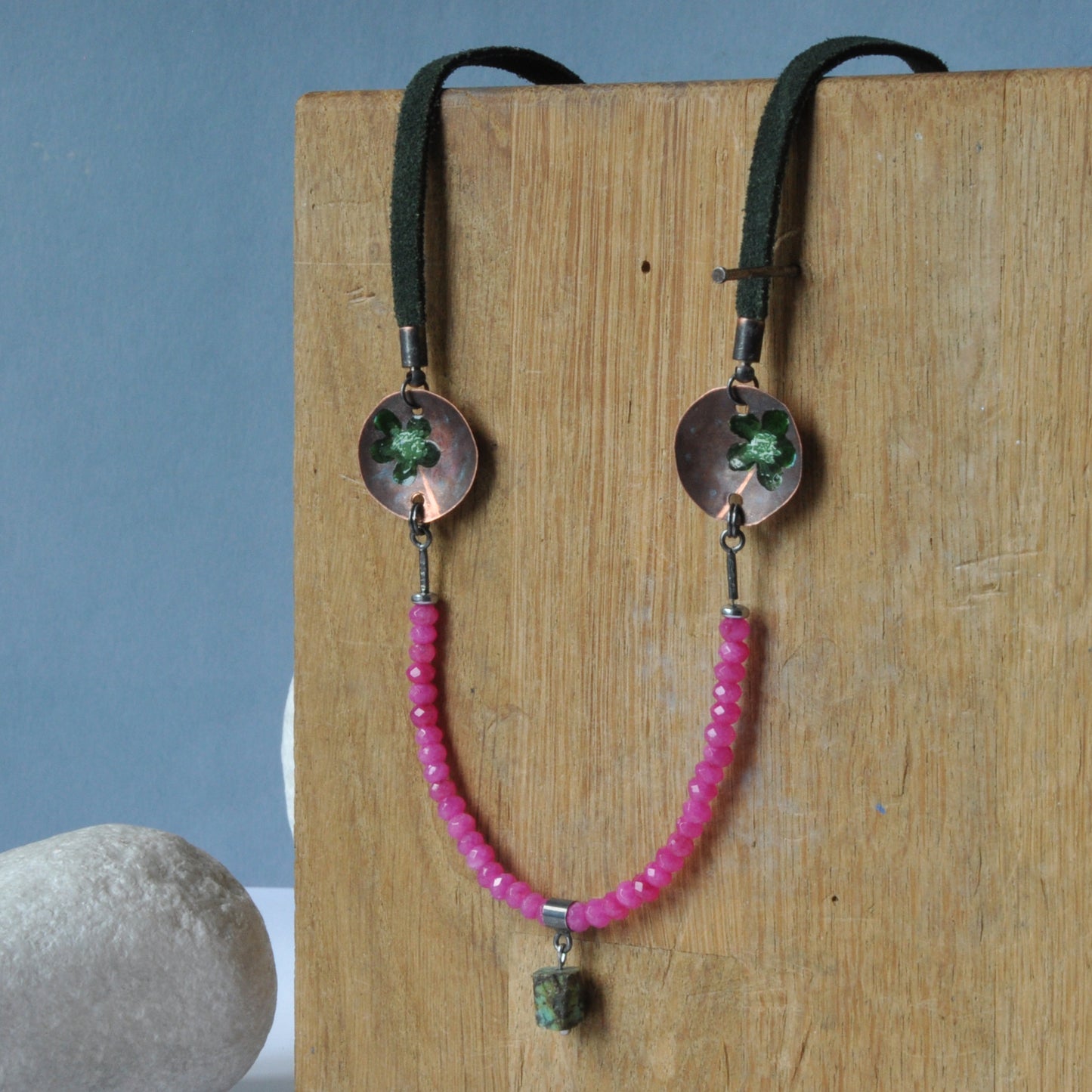 Necklace made of jade and with copper elements and a nugget of natural turquoise 'Green Flowers in the Orchid Garden'