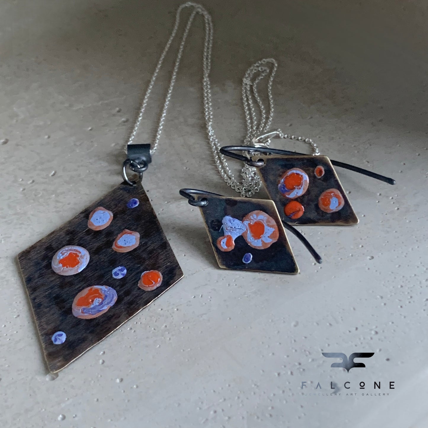 Enameled necklace in brass & silver 'Sea Creature with Coral Accent'
