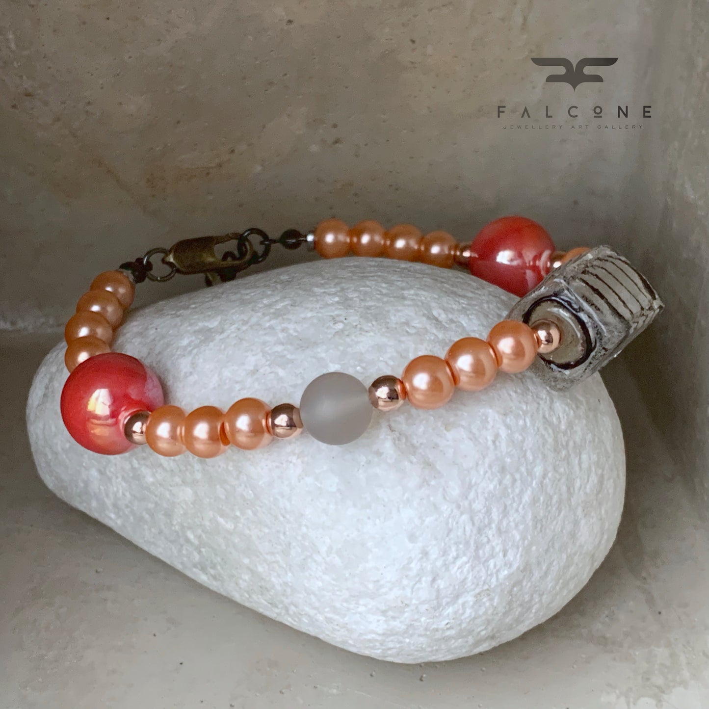 Adjustable bracelet of glass pearls, Venetian glass, gemstones and ceramics 'In the Clouds'