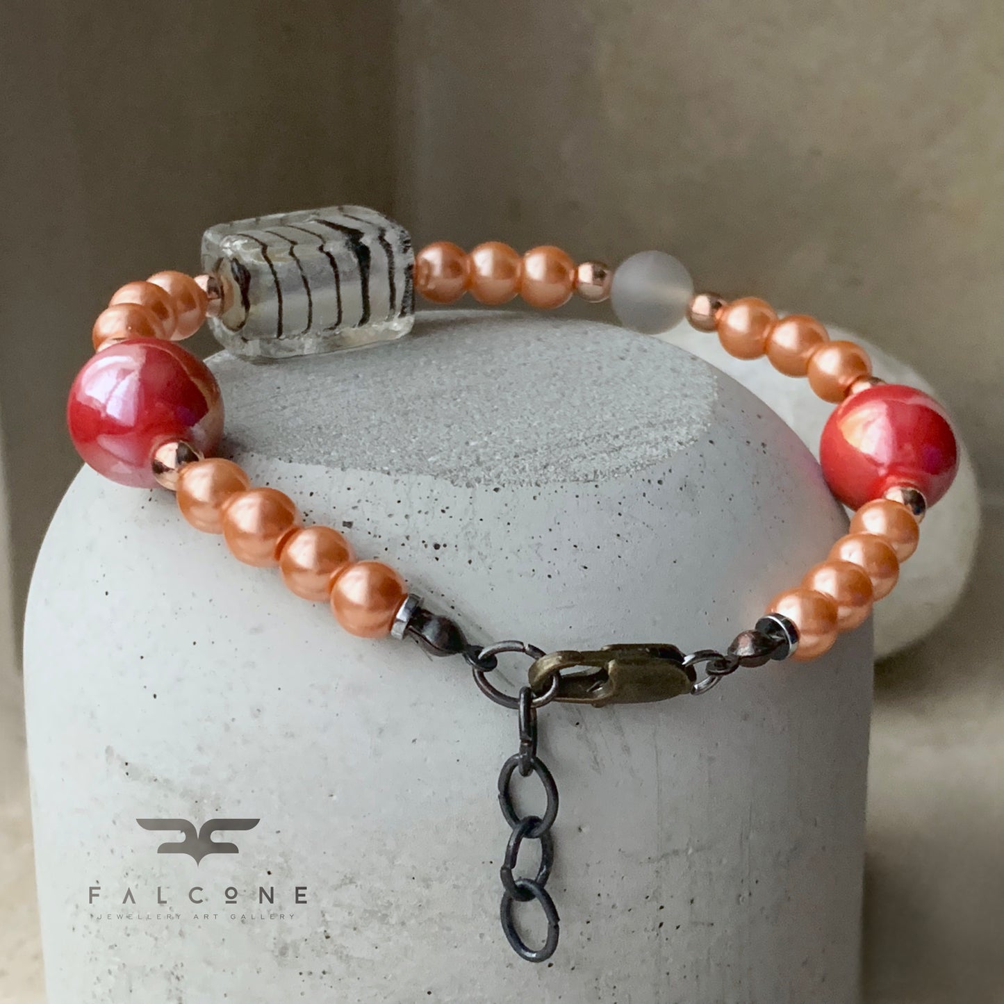 Adjustable bracelet of glass pearls, Venetian glass, gemstones and ceramics 'In the Clouds'