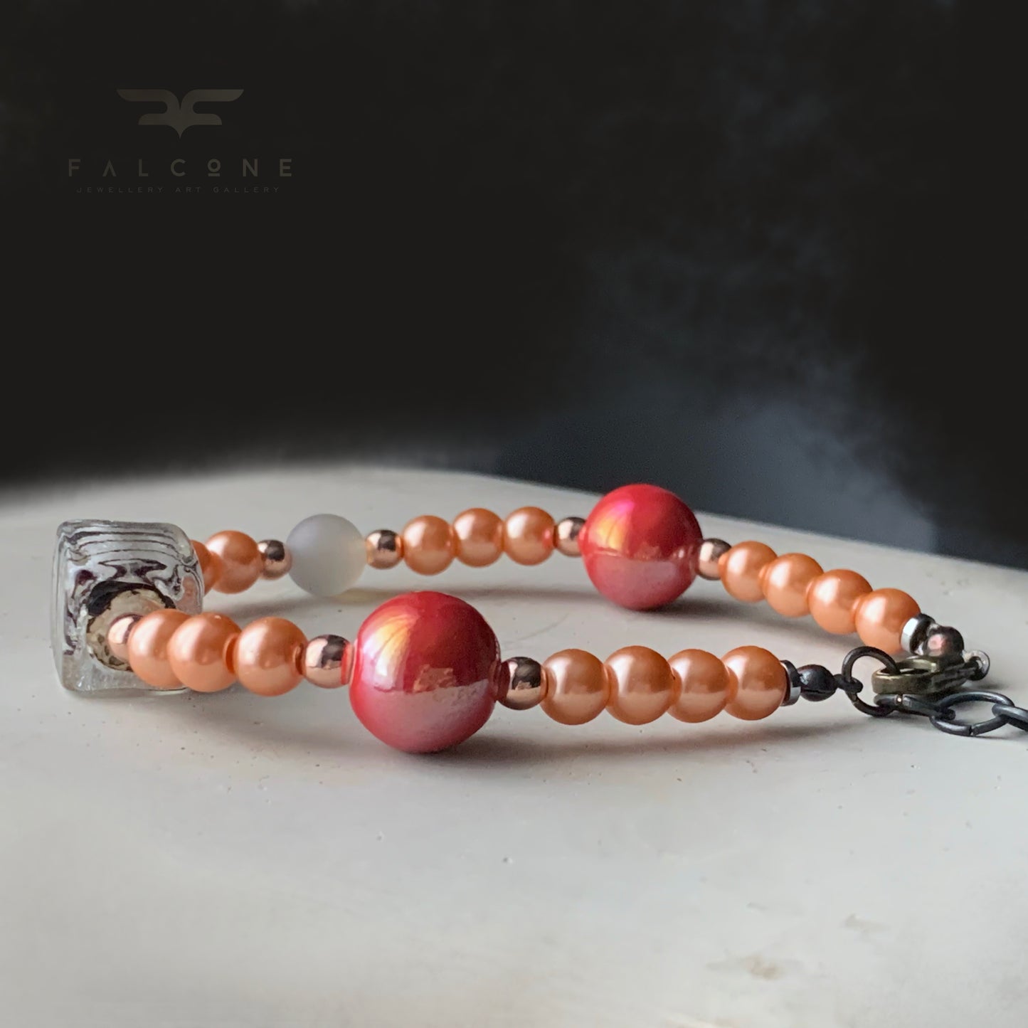 Adjustable bracelet of glass pearls, Venetian glass, gemstones and ceramics 'In the Clouds'