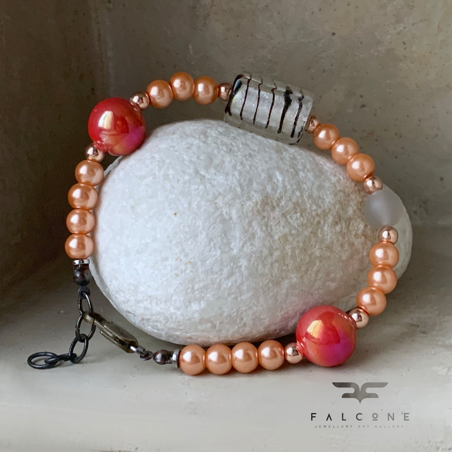 Adjustable bracelet of glass pearls, Venetian glass, gemstones and ceramics 'In the Clouds'