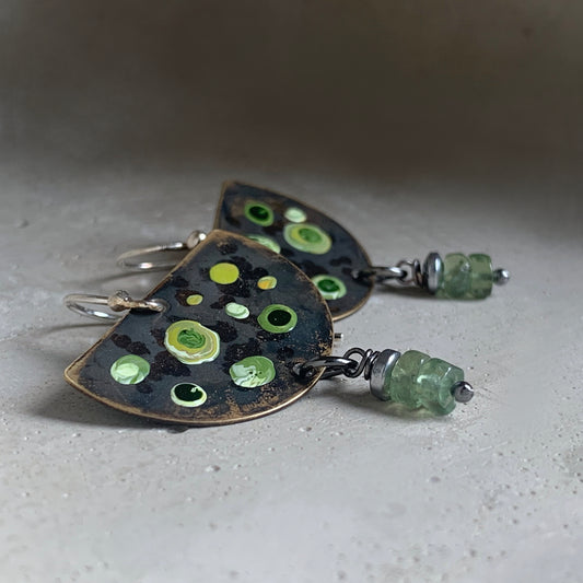 Brass, Apatite, and Silver Earrings 'Green Dots & Apatite'