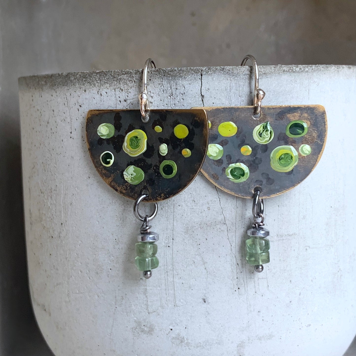Brass, Apatite, and Silver Earrings 'Green Dots & Apatite'