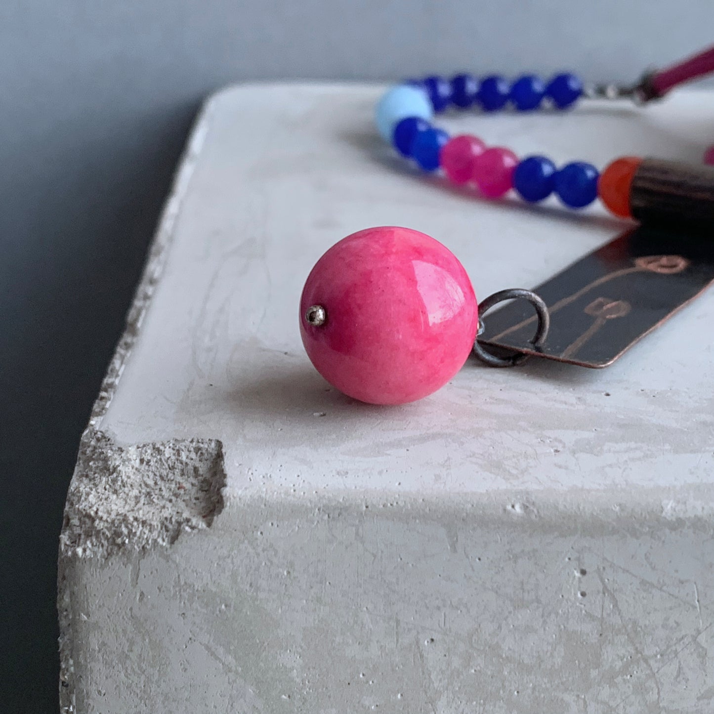 Necklace made of minerals, copper and silver with copper jade ball pendant 'Raspberry Tulips'