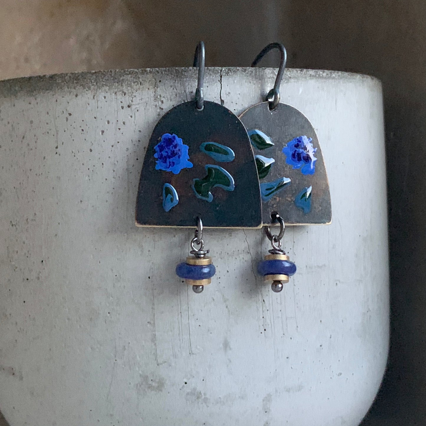 Brass, Sodalite, and Silver Earrings 'Dark Green & Blue Flower'
