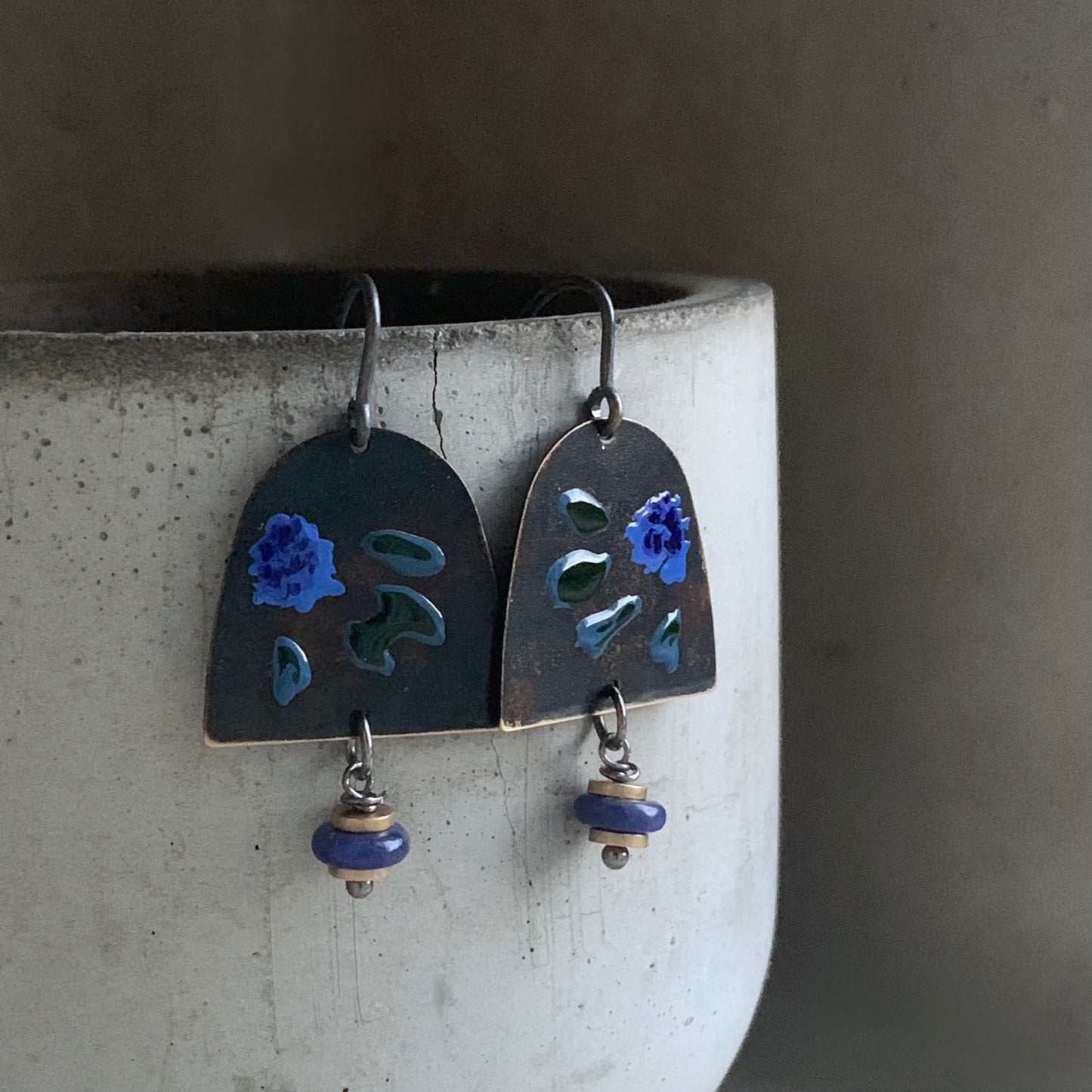 Brass, Sodalite, and Silver Earrings 'Dark Green & Blue Flower'