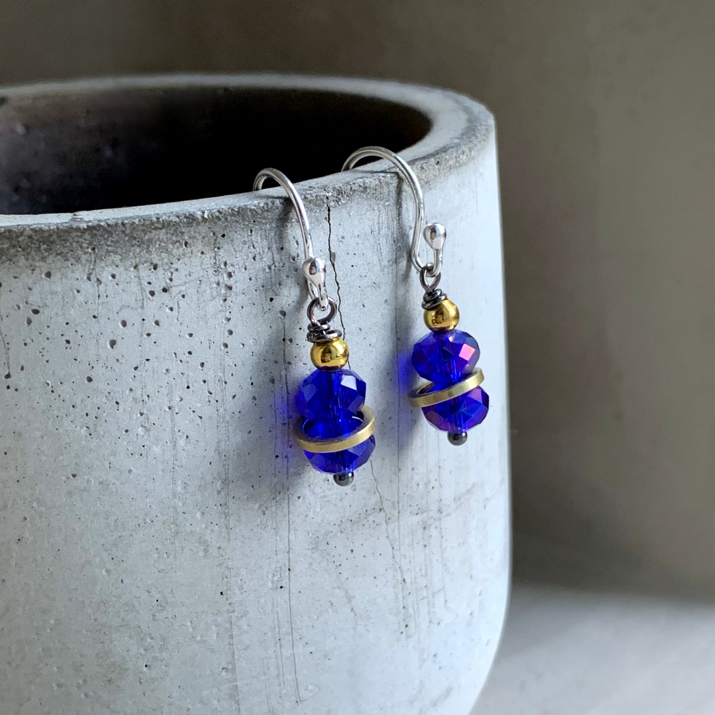 Brass, Silver, and Crystal Rondelle Earrings 'Dark Sapphire With Golden Rings'