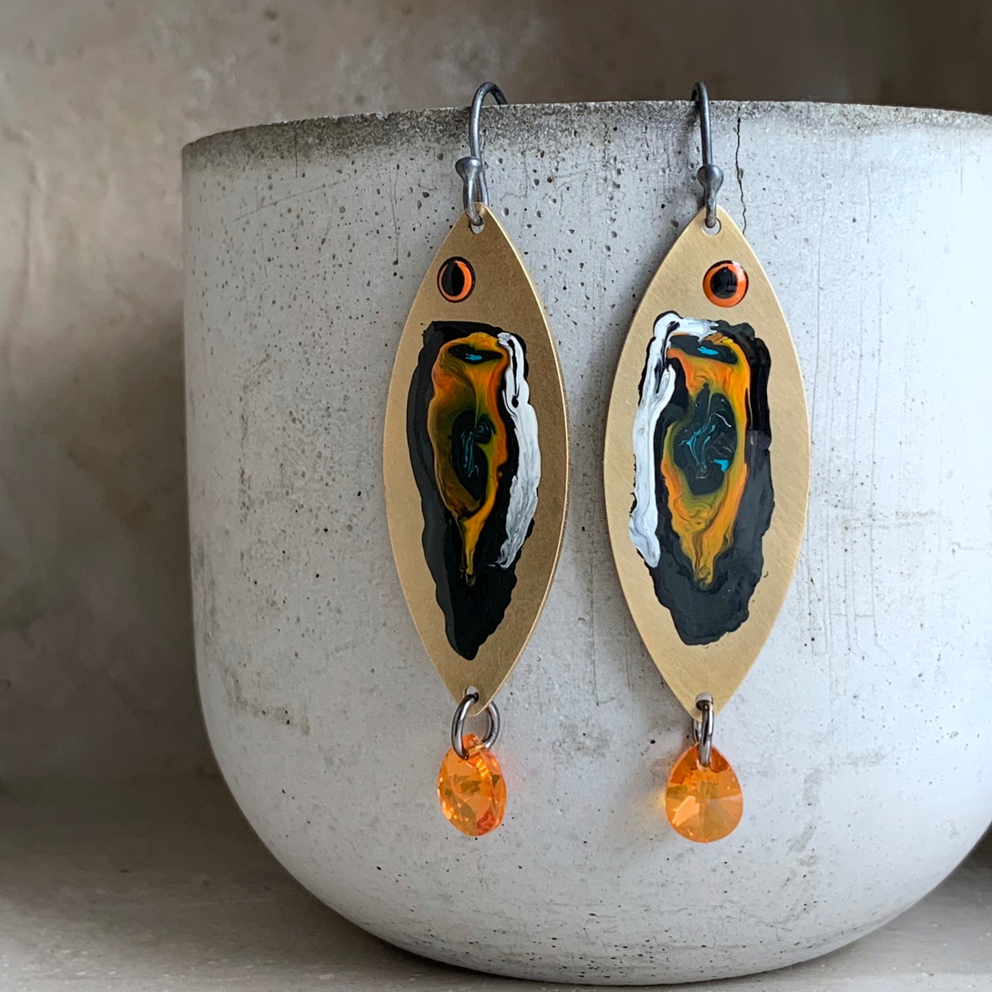 Brass, Silver & Swarovski Earrings 'Fish With Orange Tails'