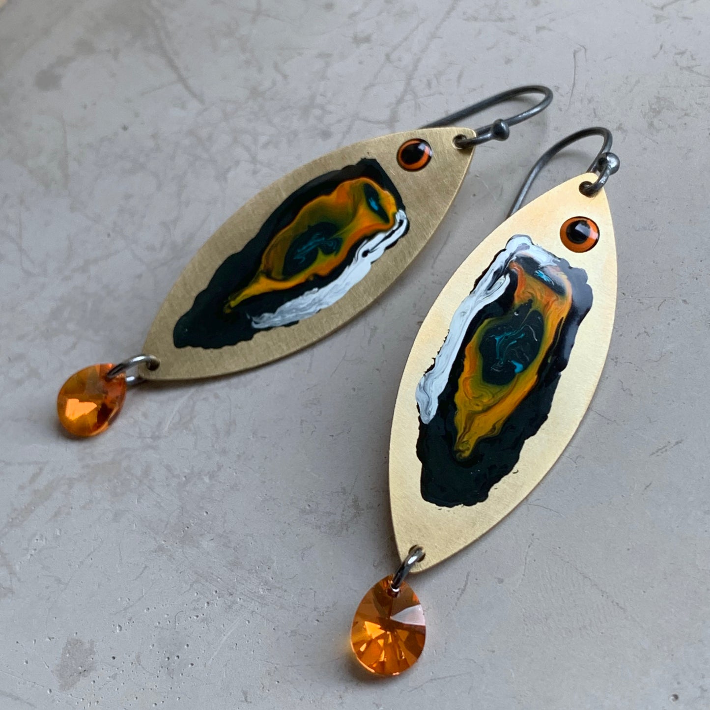 Brass, Silver & Swarovski Earrings 'Fish With Orange Tails'