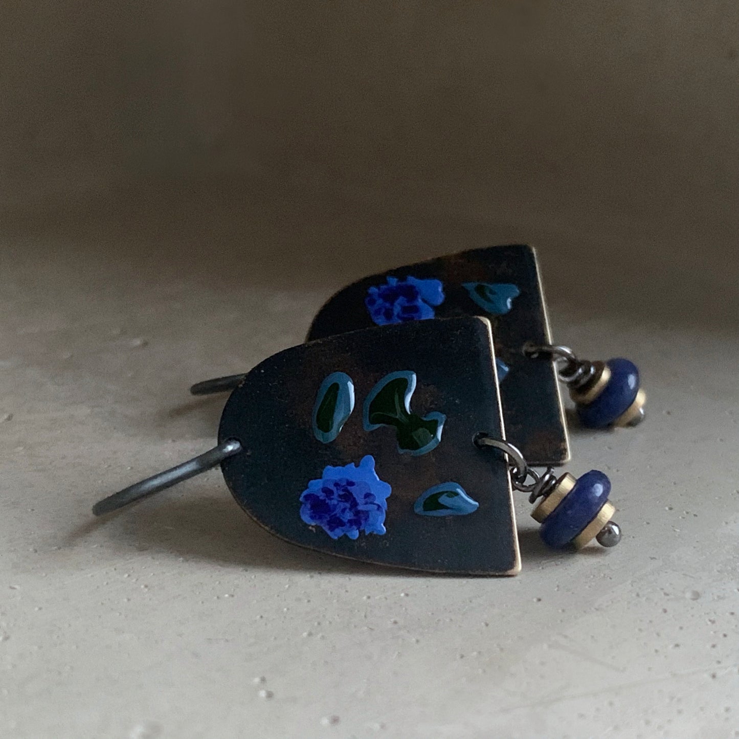 Brass, Sodalite, and Silver Earrings 'Dark Green & Blue Flower'