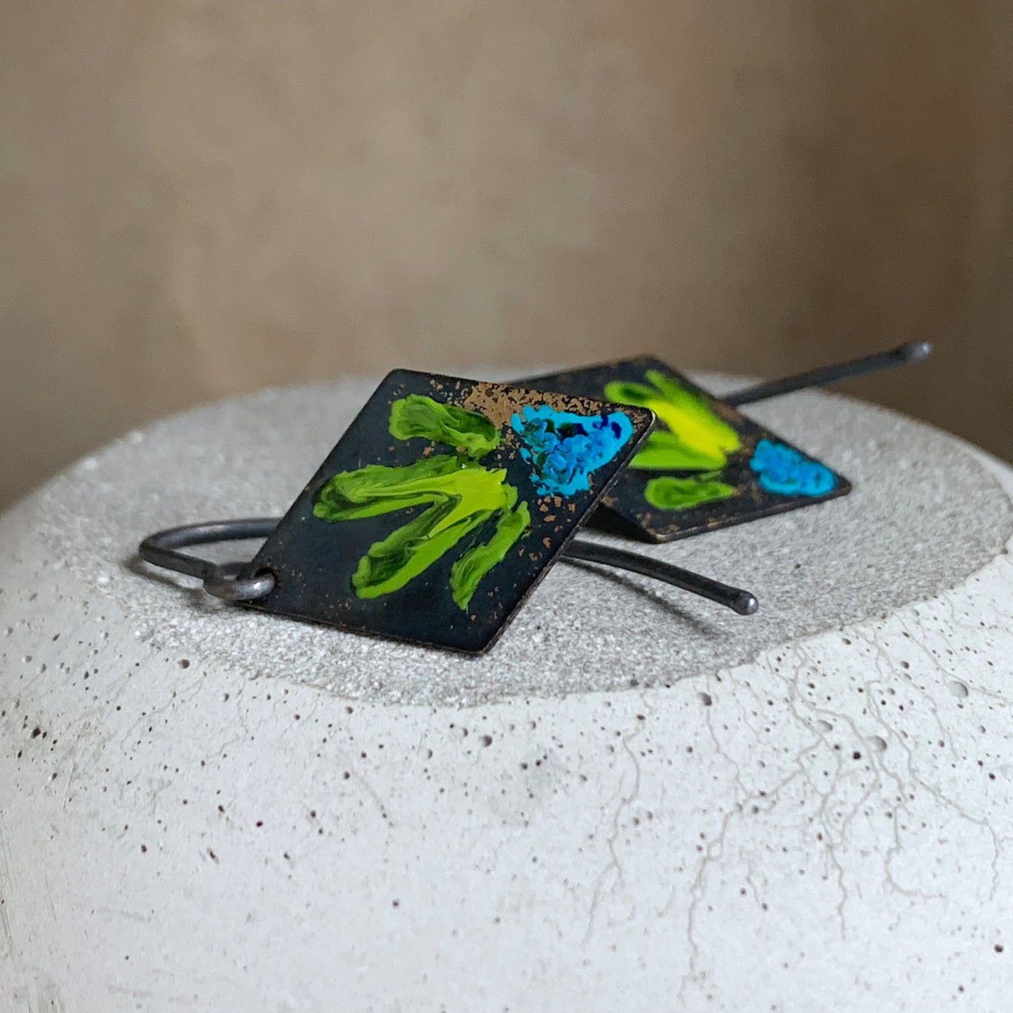 Brass and Silver Earrings 'Little Flowers - Blue & Lemon Green'