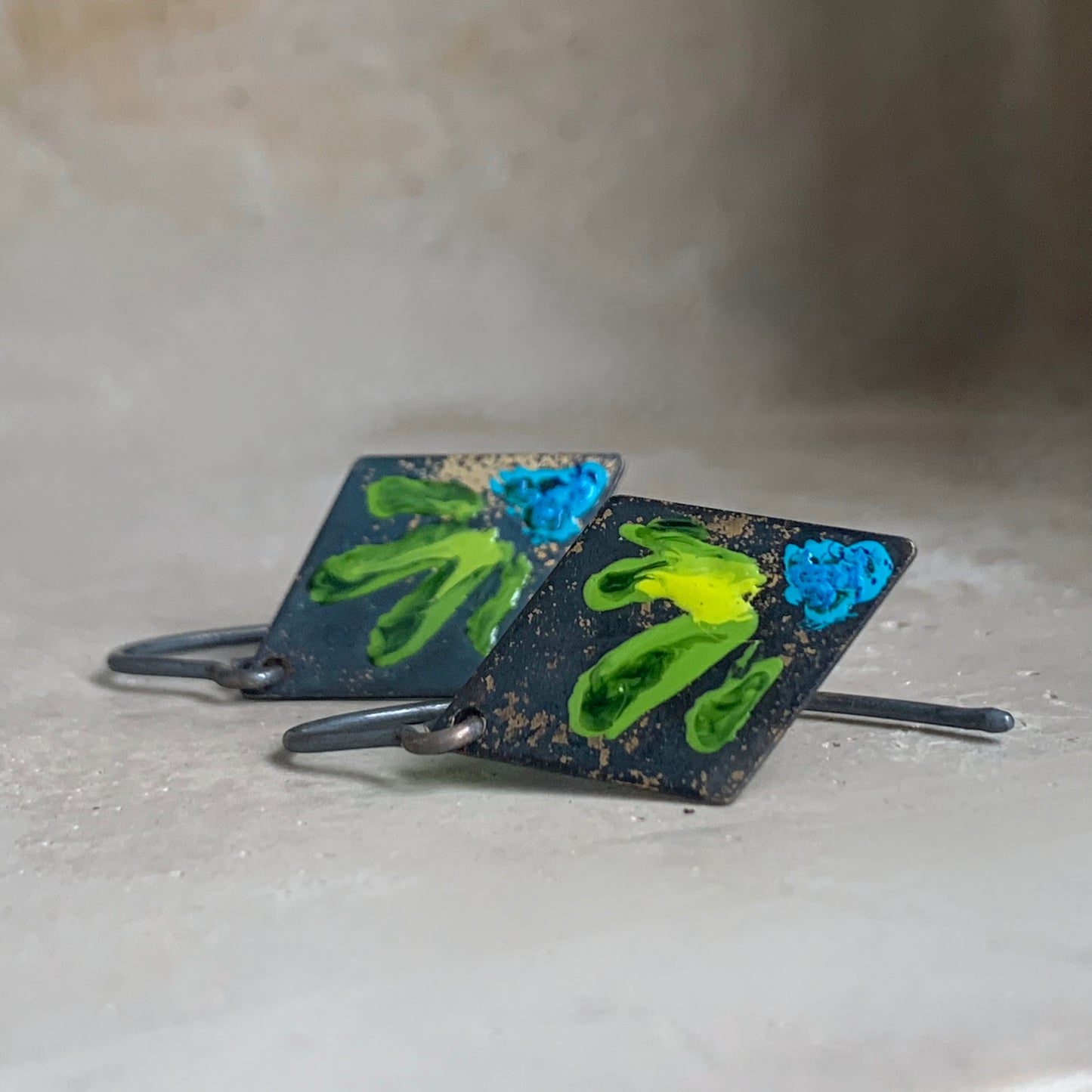 Brass and Silver Earrings 'Little Flowers - Blue & Lemon Green'