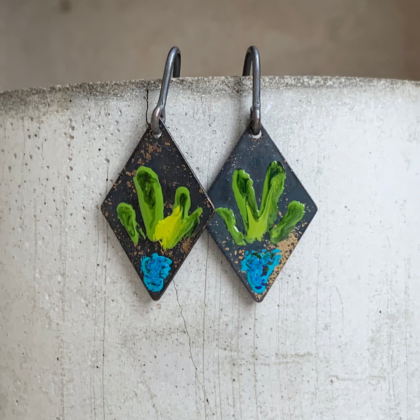 Brass and Silver Earrings 'Little Flowers - Blue & Lemon Green'