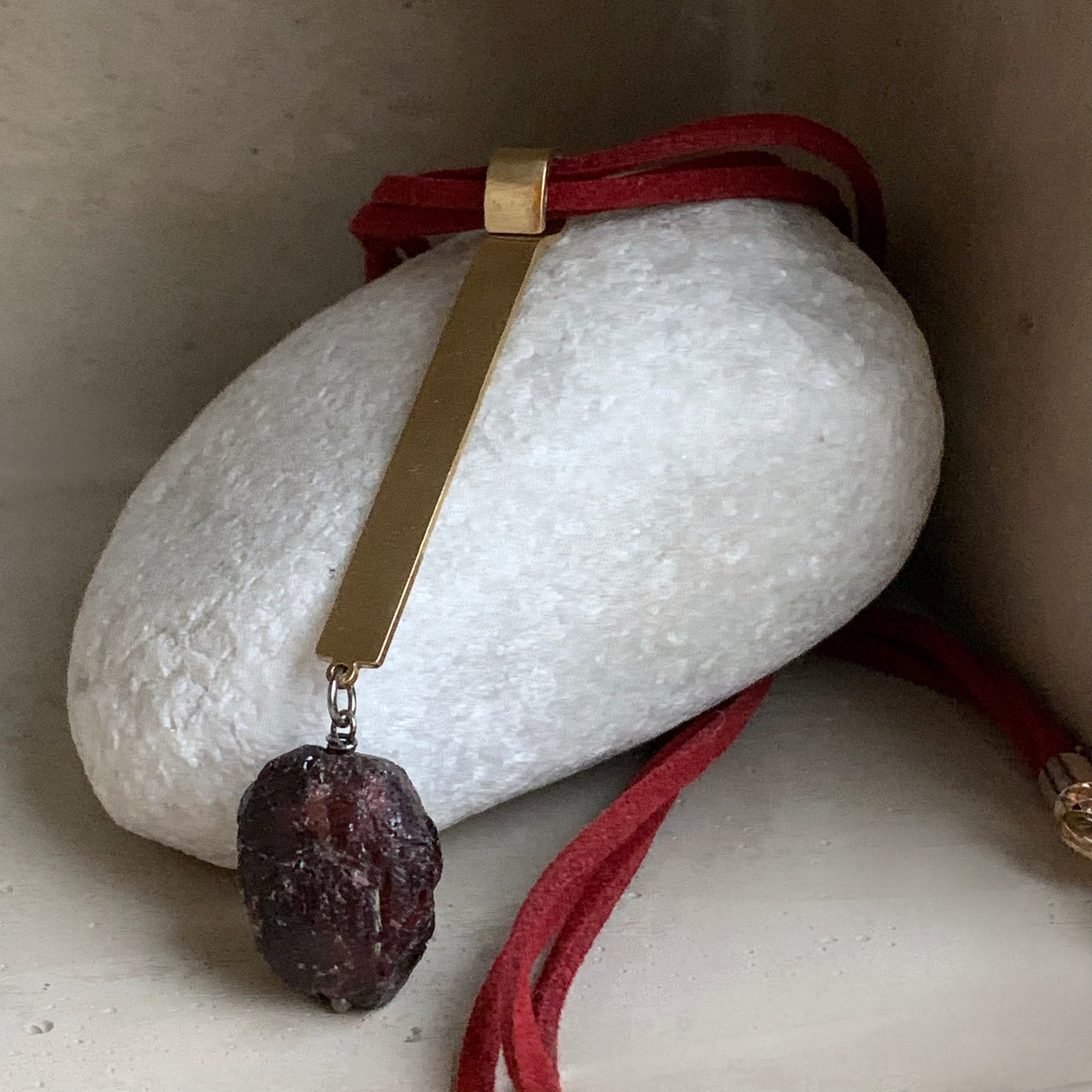 Brass and Stone Pendant Necklace 'Burgundy with Garnet'