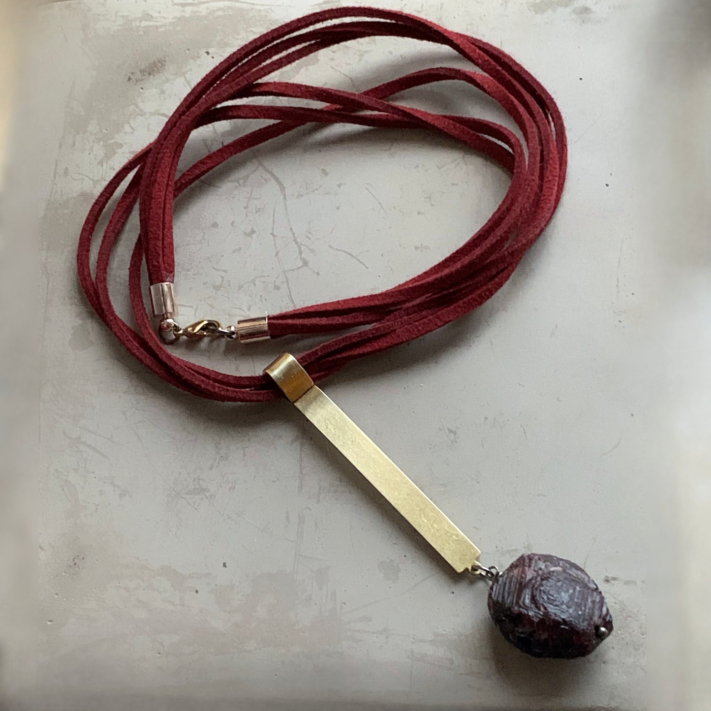 Brass and Stone Pendant Necklace 'Burgundy with Garnet'